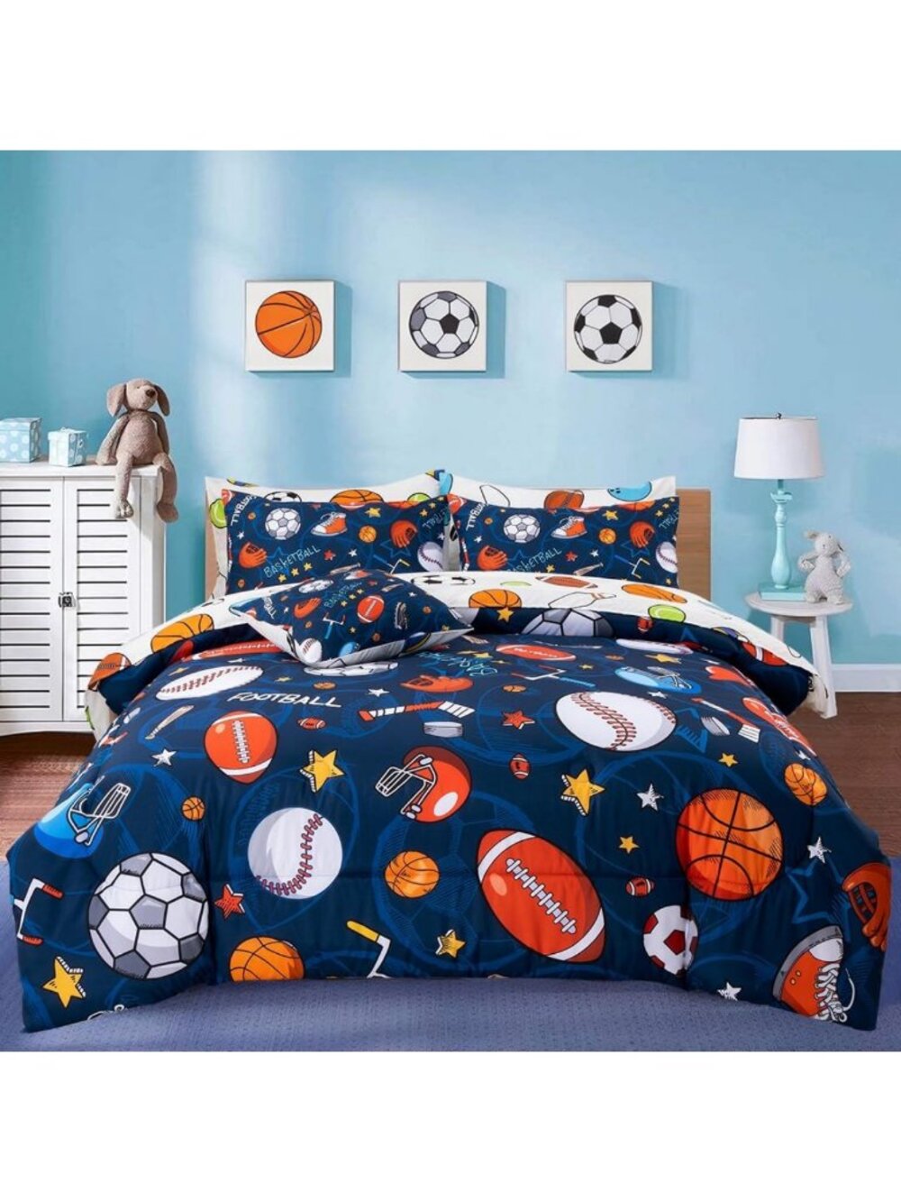 Cozy 6-Piece Basketball Comforter Bedding Set for Kids & Teens, Navy Blue